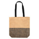 A tote bag in natural and black, featuring a textured design and two sturdy handles. Includes a logo on the side.