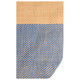 A textured tote bag featuring light brown and blue hues, with a woven pattern and a branded logo.