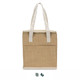 A tan cooler bag with white handles and a zip top, featuring a front pocket and a logo.