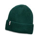 A green knitted beanie with a folded cuff and a logo tag.