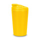 A yellow coffee cup with a lid, featuring a smooth finish and a logo.