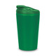 A green coffee cup with a lid and a logo. The cup has a cylindrical shape and smooth surface.