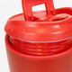 A red coffee cup with a secure lid and a handle, featuring a logo on the side.