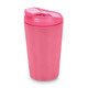 A reusable coffee cup in vibrant pink, featuring a lid and curved design, ideal for drinks on the go.