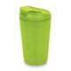 A reusable coffee cup in bright green, featuring a lid with a drinking aperture and a discreet logo.