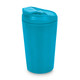 A reusable coffee cup in bright turquoise, featuring a lid and a sleek design. It includes a logo on the surface.