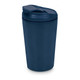A reusable coffee cup in a deep navy blue colour, featuring a lid and an enhanced grip design.