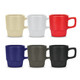 A set of stackable coffee mugs in beige, white, red, navy, grey, and black, each with a textured base and logo.
