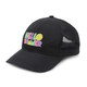A black cap featuring a colourful design and a logo, with a mesh back for ventilation.