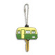 A green and yellow PVC key cover shaped like a vintage caravan, attached to a silver ball chain.
