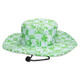 A green wide-brim hat featuring a playful pattern with words and symbols, including a logo on the side.
