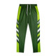 Custom men's active pants in green with white and lime accents, featuring a logo on the leg.