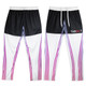Custom women's active pants in black and white with pink and purple stripes, featuring a logo.