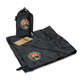 A black camping blanket laid out, with a matching carry pouch and a logo displayed on both items.