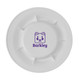 A white pet dish featuring a cartoon dog design and a logo in purple.