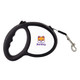 A black dog leash with a shaped handle and a clip, featuring a logo.
