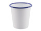 A white tumbler with a blue rim, designed for drinks. It has a logo on the surface.