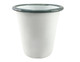 A white enamel tumbler with a dark green rim, featuring a logo on its surface.