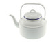A white enamel tea kettle with a purple band, featuring a curved handle and a spout. Branding visible on the kettle.