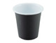 A tumbler featuring a black exterior and a white interior, with a logo on the side.