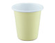 A tumbler featuring a pale yellow exterior with a white rim and an interior. Includes a logo on the surface.