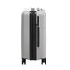 A grey carry-on suitcase with a smooth finish, featuring black accents and wheels for mobility.
