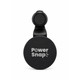 A black circular car phone holder with a textured strap and a branding logo.