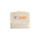 A cream picnic blanket with a green trim and a logo on the front, folded and secured with a handle.