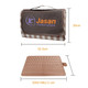 A large picnic blanket featuring a checkered brown design, with a brown carry handle and a logo.