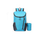 A packable travel backpack in bright blue, featuring a zippered compartment and a small, matching storage bag.