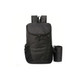 A packable travel backpack in black, featuring multiple compartments and a small pouch for storage.