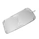 A foldable car shade in silver with a black trim, featuring two circular panels. It includes a storage pouch.