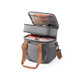 A grey 10L cooler bag with a zipped lid, featuring compartments filled with drinks and fruit. It has a logo and shoulder strap.