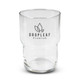 A clear glass tumbler featuring a logo, designed with a stackable shape, holds 460ml.