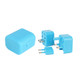 A blue universal travel adapter kit with three different plug types and a matching case.