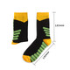 Crew sport socks featuring a black base with yellow and green accents. The design includes a logo and dimensions indicated.