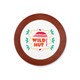 A circular coaster featuring a colourful design with the name "WILD HUT" and decorative elements. It has a wooden border.