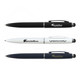 Three metal pens in black, white, and blue, each featuring a logo and a clip.