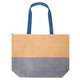 A large zipped tote in natural beige with a blue base and matching handles, featuring a logo.