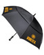 A black auto golf umbrella featuring a logo and a stylish, curved handle.
