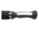 A black golf umbrella with a sturdy handle, featuring a textured grip and metal components.