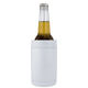 A drink bottle in a white stubby holder, designed to keep beverages cold. The holder features a logo.
