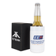 A drink bottle positioned in a white stubby holder, alongside a black box featuring a logo.