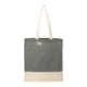 A grey and cream tote bag made from recycled cotton twill, featuring a logo and two sturdy handles.
