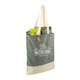 A grey and cream tote bag featuring a logo, filled with various items and equipped with sturdy handles.