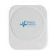 A white wireless charger featuring a round charging pad and a brand logo in the center.