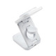 A white 3-in-1 wireless charger with an adjustable stand and a round charging pad. It includes a logo on its surface.