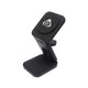 A black 3-in-1 wireless charger with a stand and a logo, suitable for charging multiple devices.