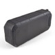 A rectangular black water-resistant speaker with a textured surface and a speaker grille. It features a logo.