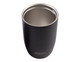 A drink bottle with a matte black exterior and a stainless steel interior, featuring a logo at the base.